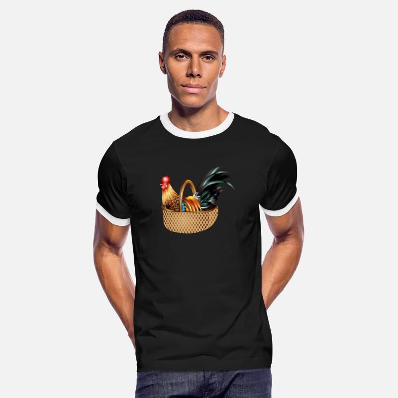 A magnificent colorful rooster sits in a basket