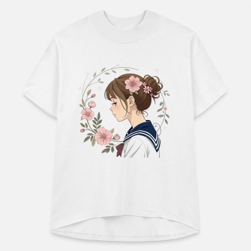 Beautiful Anime Girl, Floral Accents, Sailor Style
