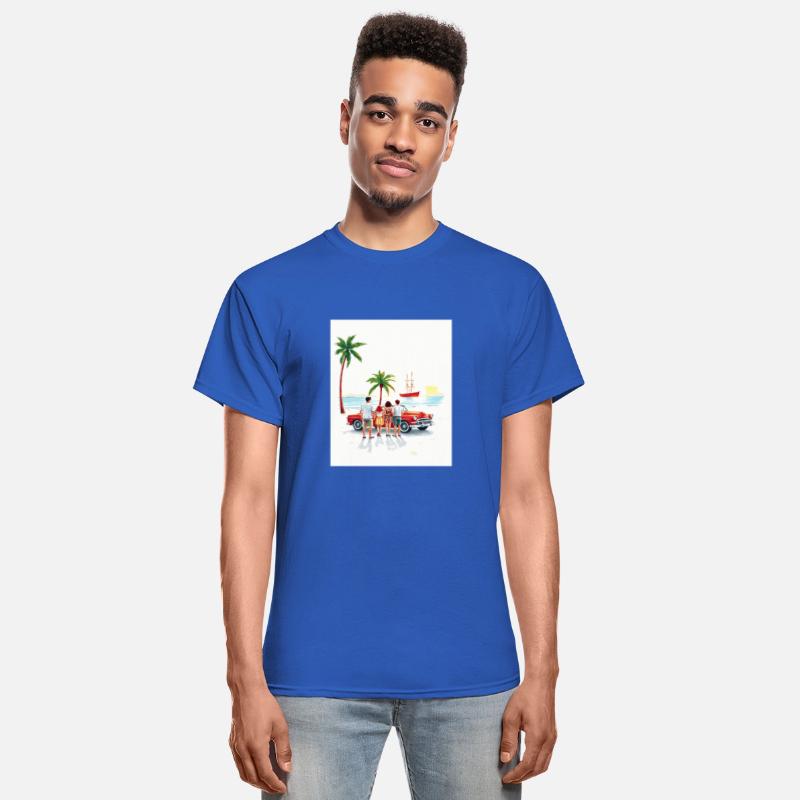 family outside their red vintage car at the beach.