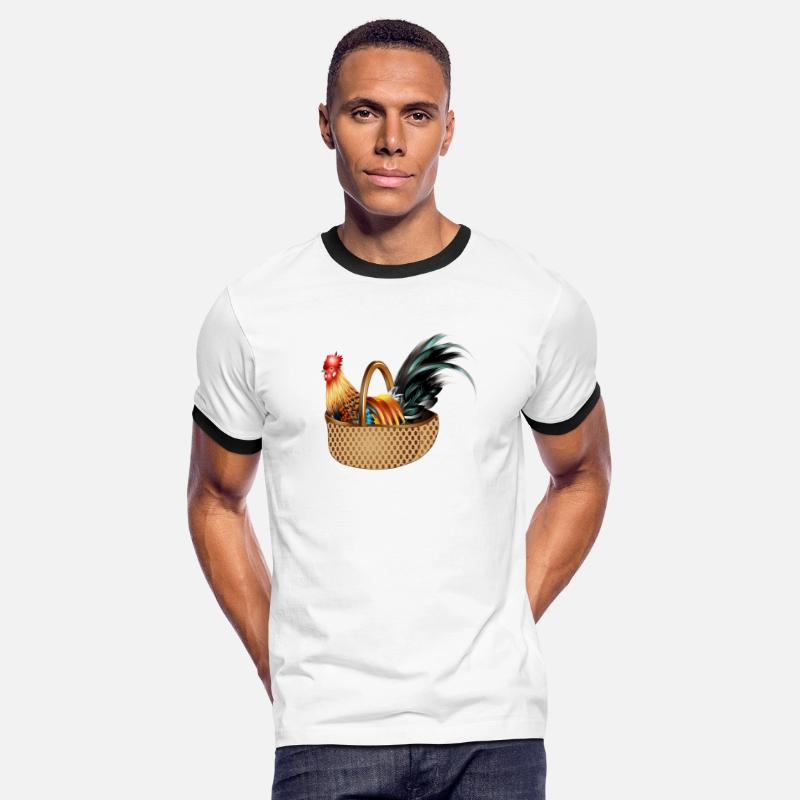 A magnificent colorful rooster sits in a basket