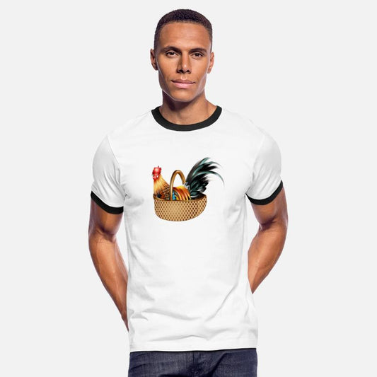 A magnificent colorful rooster sits in a basket