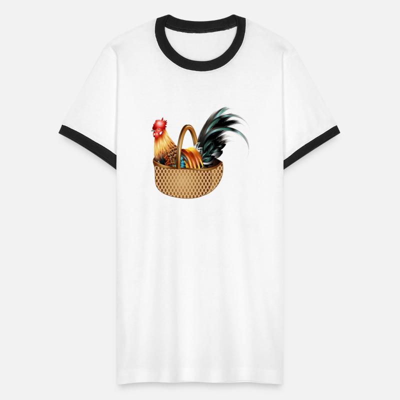 A magnificent colorful rooster sits in a basket