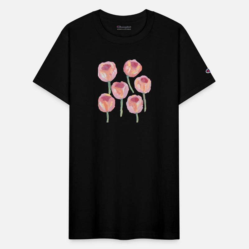 a painting of pink tulip flowers with green stems