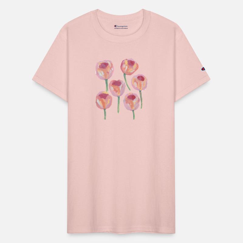 a painting of pink tulip flowers with green stems