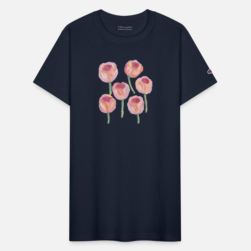 a painting of pink tulip flowers with green stems