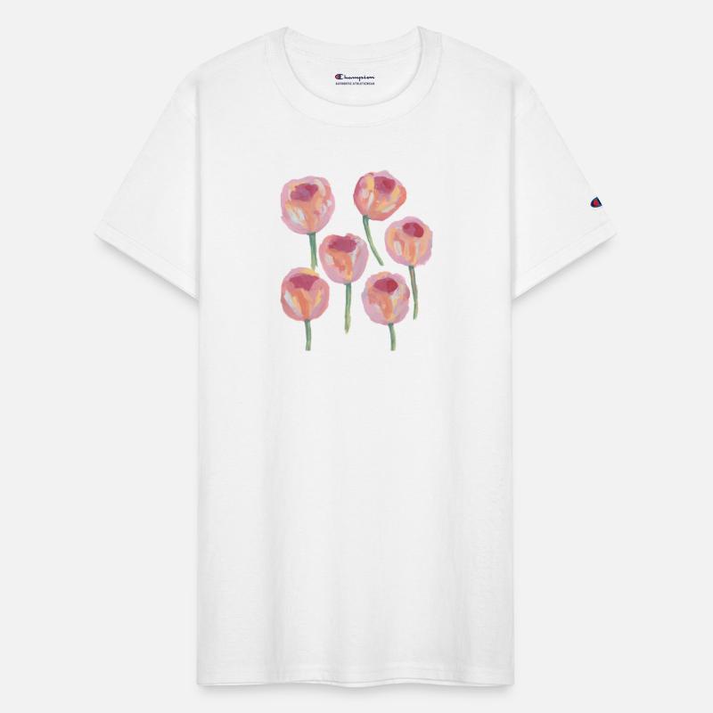 a painting of pink tulip flowers with green stems