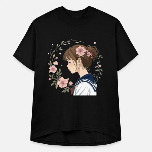 Beautiful Anime Girl, Floral Accents, Sailor Style