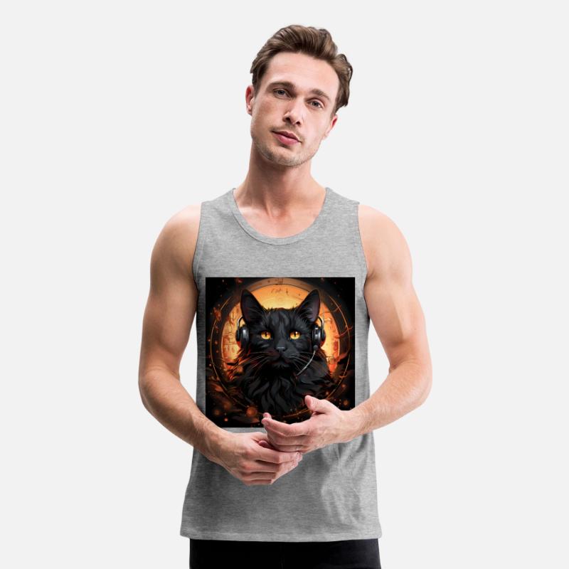 Black cat with earbuds listen to music