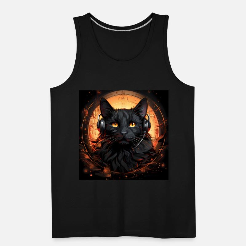 Black cat with earbuds listen to music