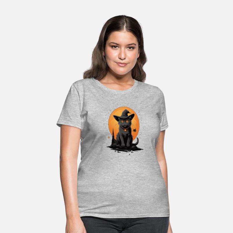 Cute black cat with a witches hat and an big orang
