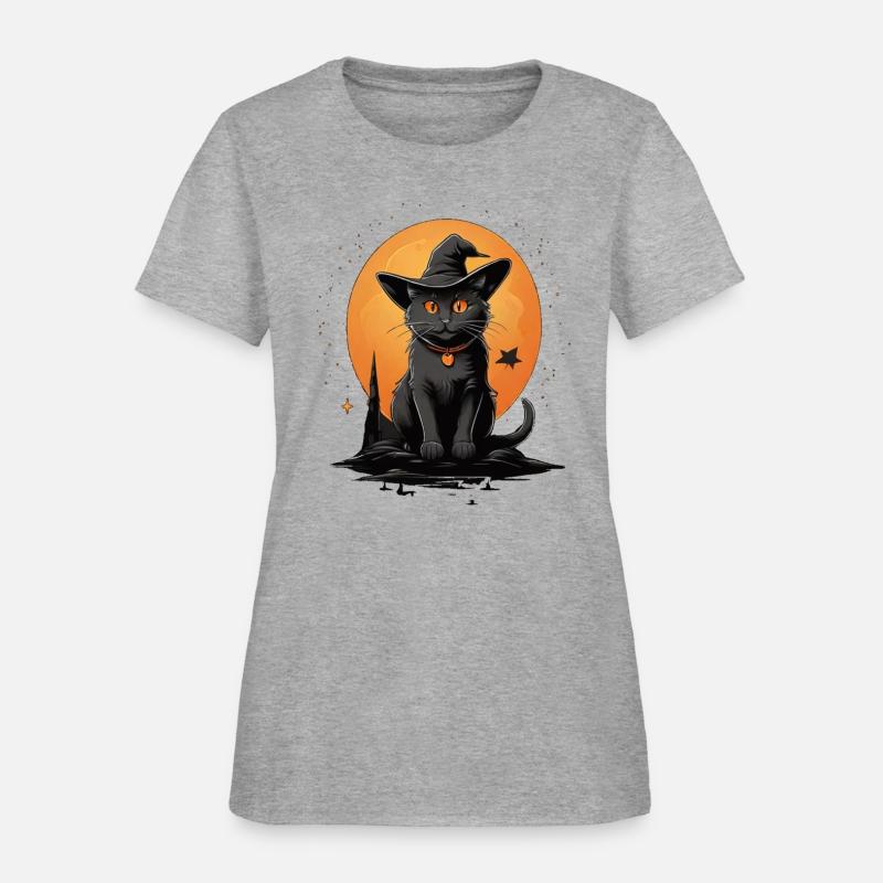 Cute black cat with a witches hat and an big orang