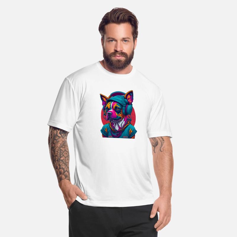 Dog as rapper, wearing headphones