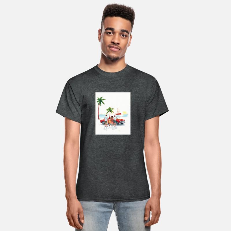 family outside their red vintage car at the beach.