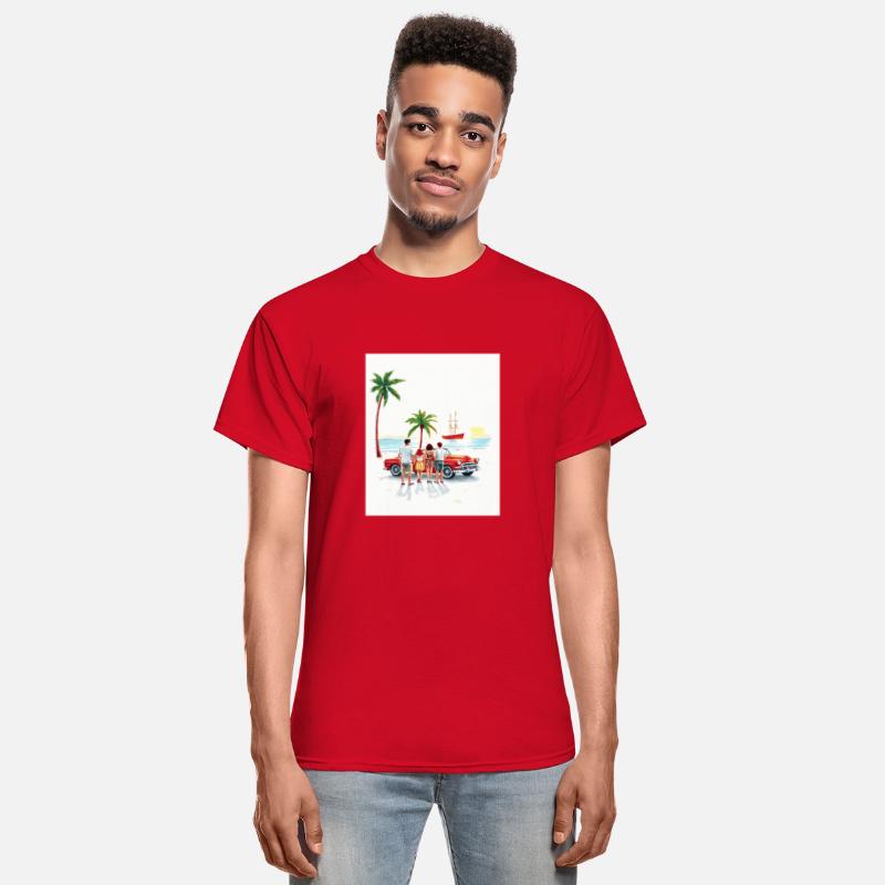 family outside their red vintage car at the beach.