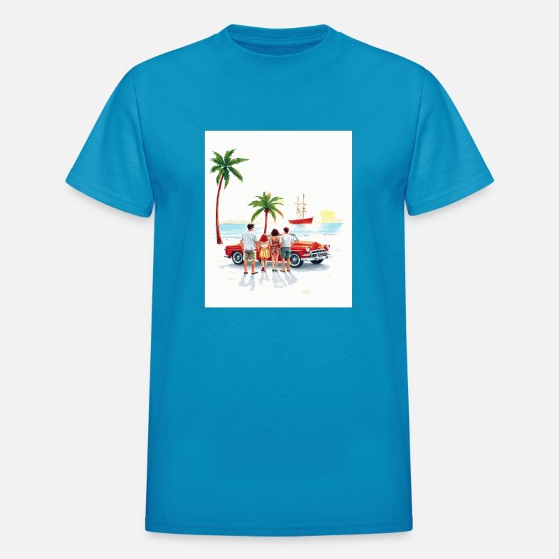 family outside their red vintage car at the beach.