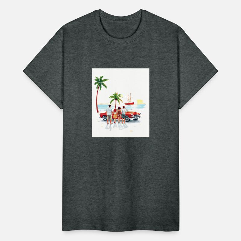 family outside their red vintage car at the beach.