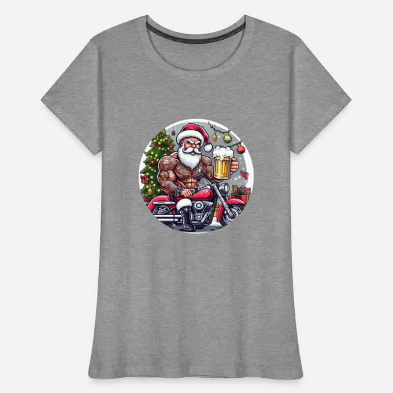 Tatooed Santa on a motorcycle with a beer