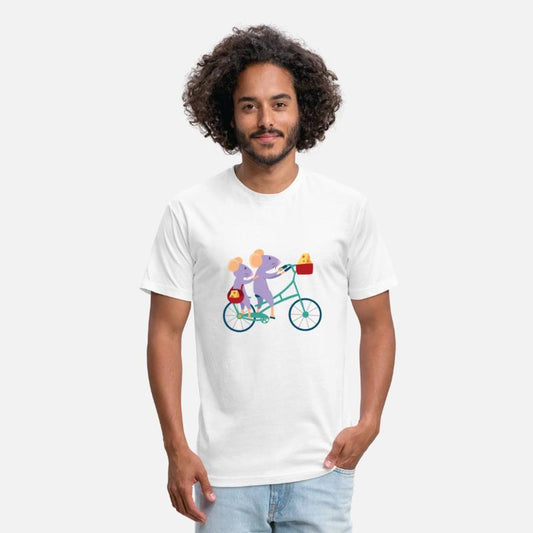 Two french-mice riding a tandem-bike with cheese