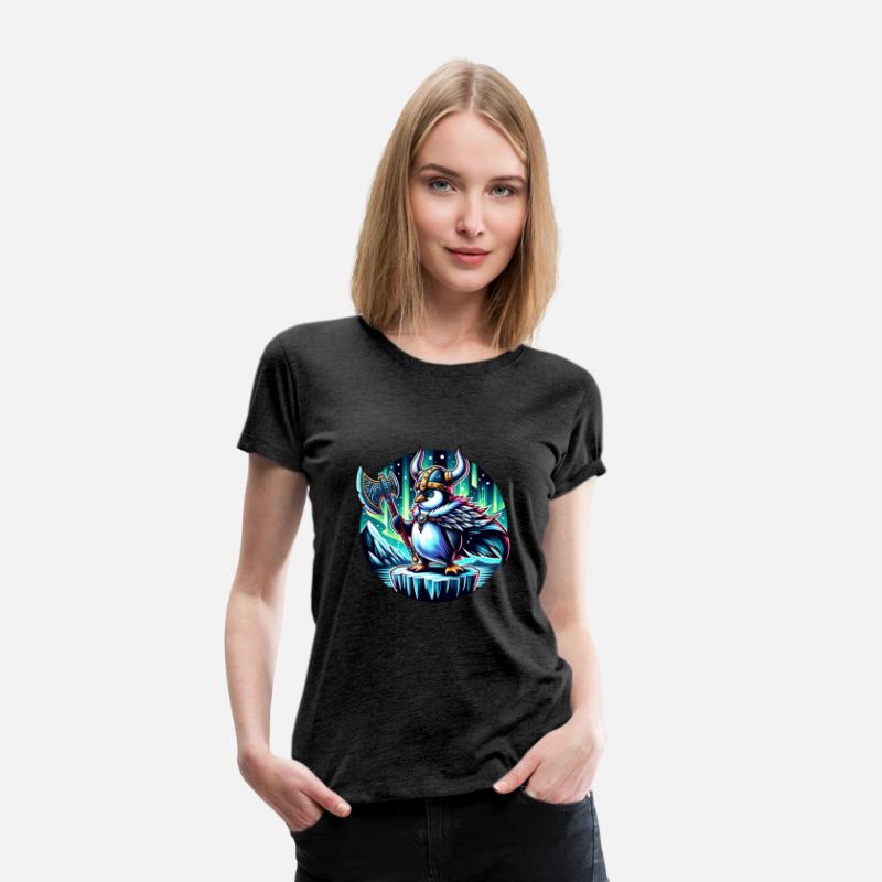 Viking Penguin with Axe Under Northern Lights