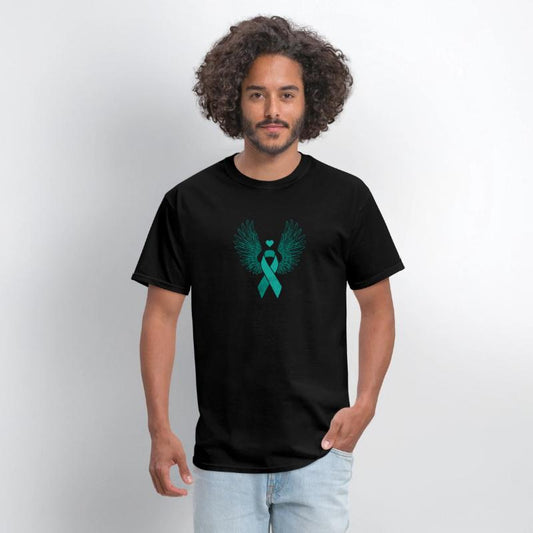 Winged teal ribbon cervical cancer awareness
